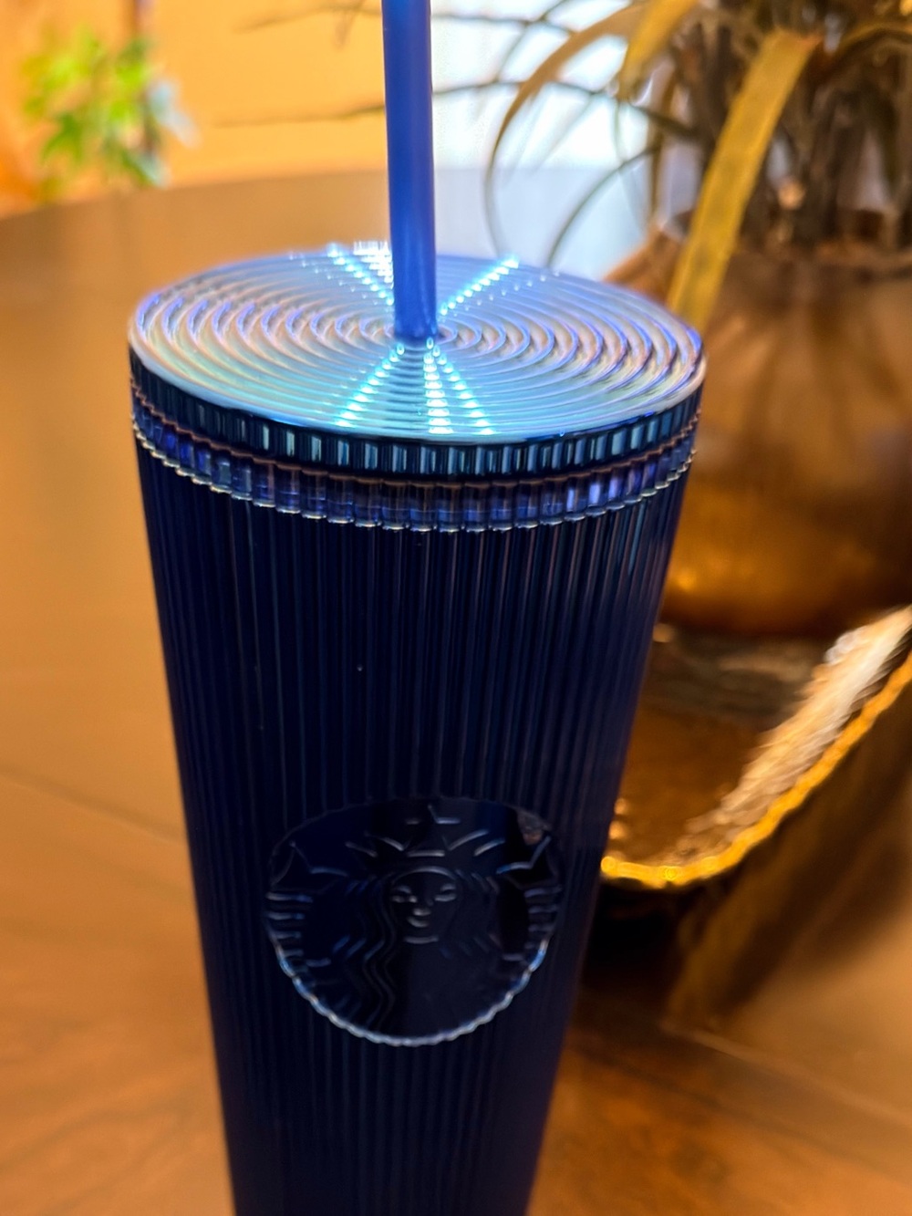 Starbucks Tall Ribbed Tumbler in Deep Blue with Straw